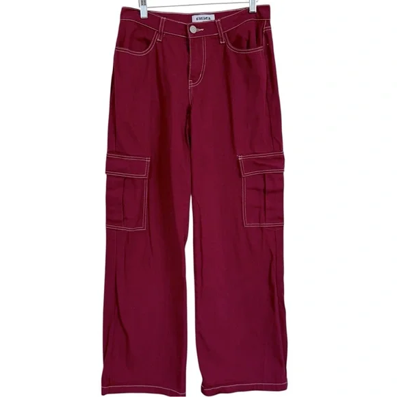 RSQ Women'sSize 26 Low Rise Wide Leg Cargo Jeans Garnet Baggy Y2K - Picture 2 of 12